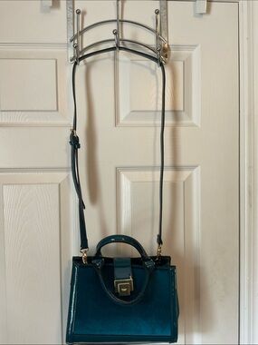 Dune London Crusted Teal Velvet Patent Leather Tote Purse